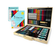 Deluxe wooden art case open showing oil pastels, watercolors, acrylic paints, markers, paintbrushes, palette, and combo pad guide