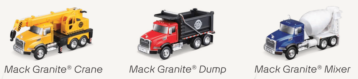 Four and a half inch Mack Granite series toy trucks including crane, dump truck, and cement mixer with moving parts and free-rolling wheels