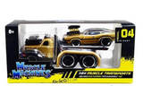Limited edition Muscle Machines Transporter model 04 with gold 1969 Mack B61 flatbed and 1970 Oldsmobile 442 car