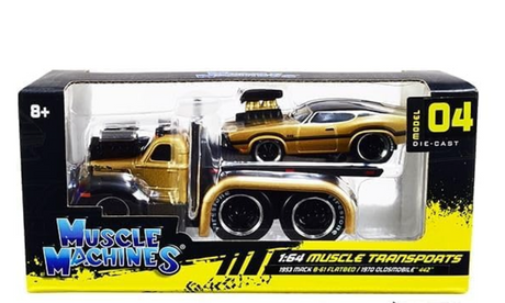 Limited edition Muscle Machines Transporter model 04 with gold 1969 Mack B61 flatbed and 1970 Oldsmobile 442 car