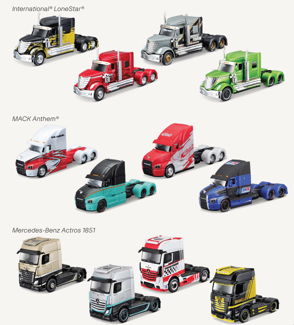 Collection of colorful die-cast metal custom rig models featuring International LoneStar, Mack Anthem, and Mercedes-Benz Actros designs