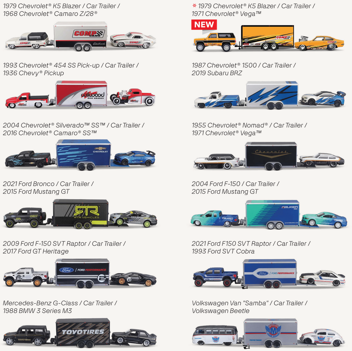 Collection of detailed race and garage themed team haulers including vehicles and enclosed car trailers with racing liveries
