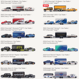 Collection of detailed race and garage themed team haulers including vehicles and enclosed car trailers with racing liveries