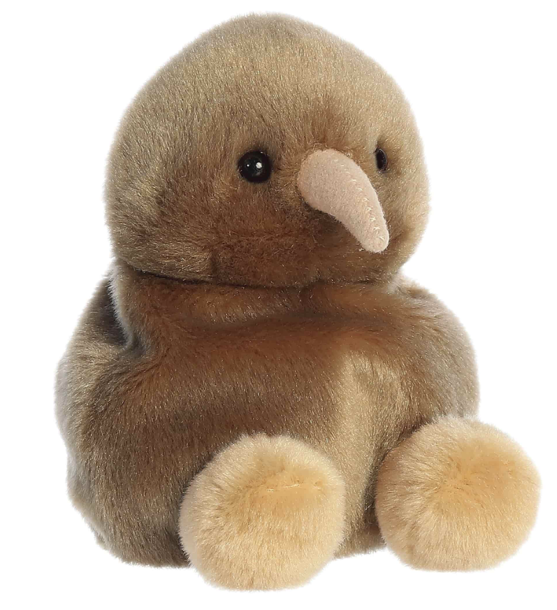 Soft plush kiwi bird with brown body, creamy feet and beak, and curious black eyes in a round shape