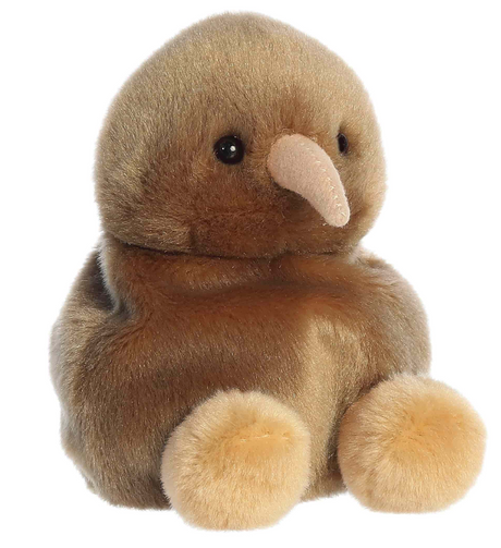 Soft plush kiwi bird with brown body, creamy feet and beak, and curious black eyes in a round shape