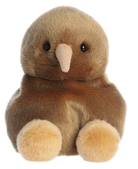Soft plush Kiwi bird with round body, creamy beak and feet, and small curious eyes in a friendly pose