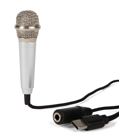 Compact silver mini microphone with USB-C and audio jack cables for easy recording and podcasting use