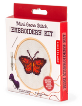 Mini cross stitch embroidery kit with butterfly pattern, bamboo hoop, needle, and colorful threading yarn included.