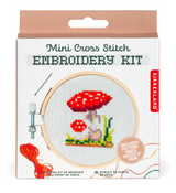Mini cross stitch embroidery kit with mushroom design, bamboo hoop, needle, yarn, and pattern for a fun craft project