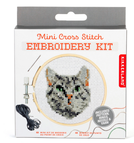 Mini cross stitch embroidery kit with cat design includes hoop, needle, yarn, and pattern for a relaxing hobby at home or work.