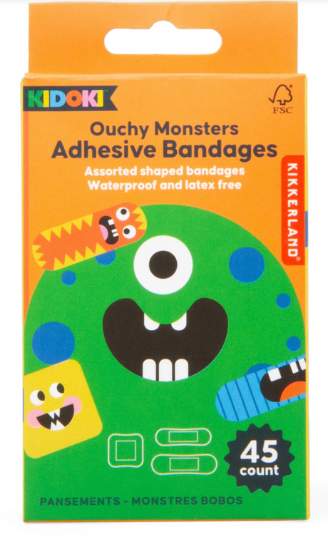 Colorful box of kid-friendly waterproof and latex-free adhesive bandages with playful monster designs, 45 count pack