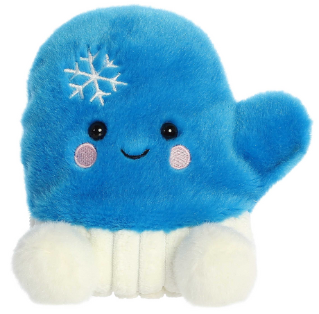 Plush blue mitten toy with white snowflake embroidery, fluffy white cuff, and a smiling face with rosy cheeks.