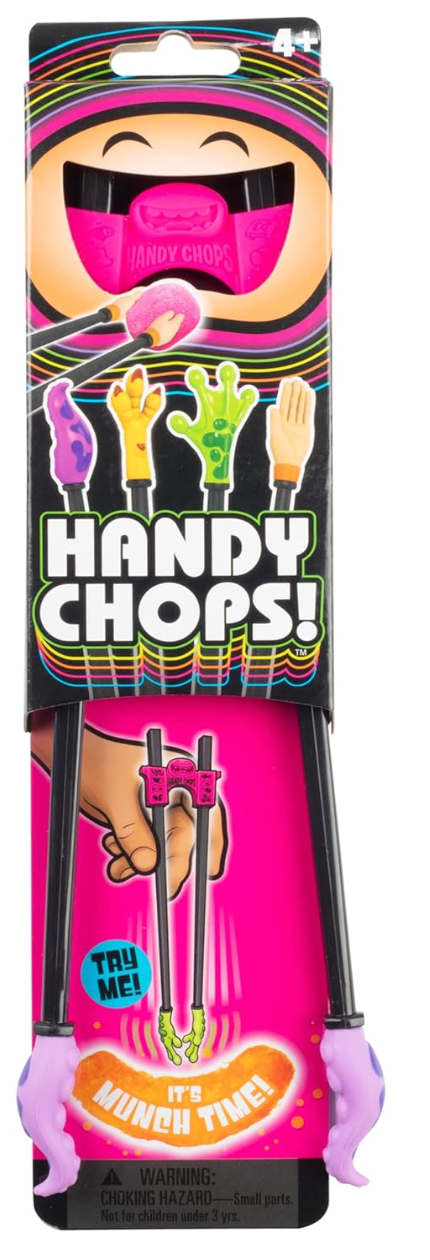 Bright pink Handy Chops chopsticks with playful tentacle grips designed for easy use by kids and adults.