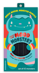 Colorful packaging of Mood Monster Pencil Set featuring a friendly blue monster with rainbow-striped arms and ten black pencils inside