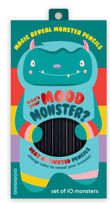 Colorful packaging of Mood Monster Pencil Set featuring a friendly blue monster with rainbow-striped arms and ten black pencils inside