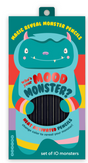 Colorful packaging of Mood Monster Pencil Set featuring a friendly blue monster with rainbow-striped arms and ten black pencils inside