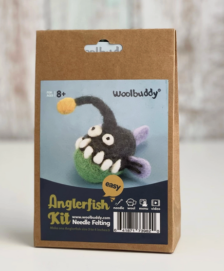 Woolbuddy beginner needle felting kit with materials to create a small colorful anglerfish craft figure