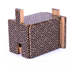 Intricate Japanese puzzle box with a geometric pattern, designed to hide a secret compartment inside.