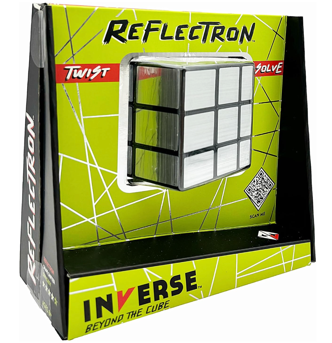 Reflectron Mirror Puzzle Cube with mirrored finish in vibrant packaging encouraging twisting and solving beyond the traditional cube design