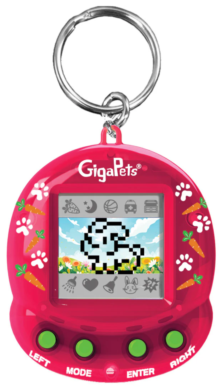 Red GigaPets virtual pet keychain with pixelated baby bunny and green buttons for interaction and care