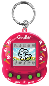 Red GigaPets virtual pet keychain with pixelated baby bunny and green buttons for interaction and care