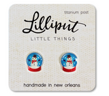 Small snowman inside colorful snow globe stud earrings on branded display card for sensitive ears