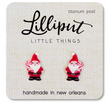 Pair of handmade Santa Gnome stud earrings with red hats and candy canes on a branded display card