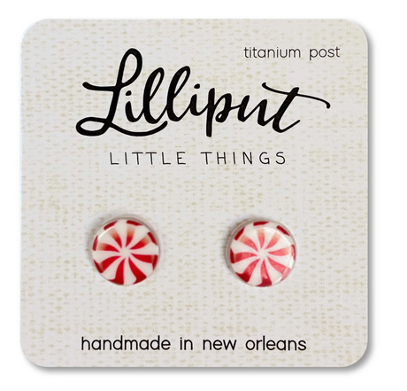 Round peppermint swirl earrings with medical titanium posts on a branded Lilliput Little Things card