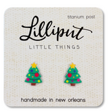 Handmade Christmas tree earrings with colorful decorations and yellow star on top, featuring titanium posts on a display card