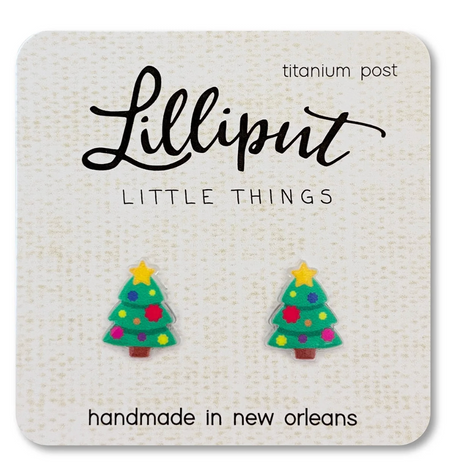 Handmade Christmas tree earrings with colorful decorations and yellow star on top, featuring titanium posts on a display card