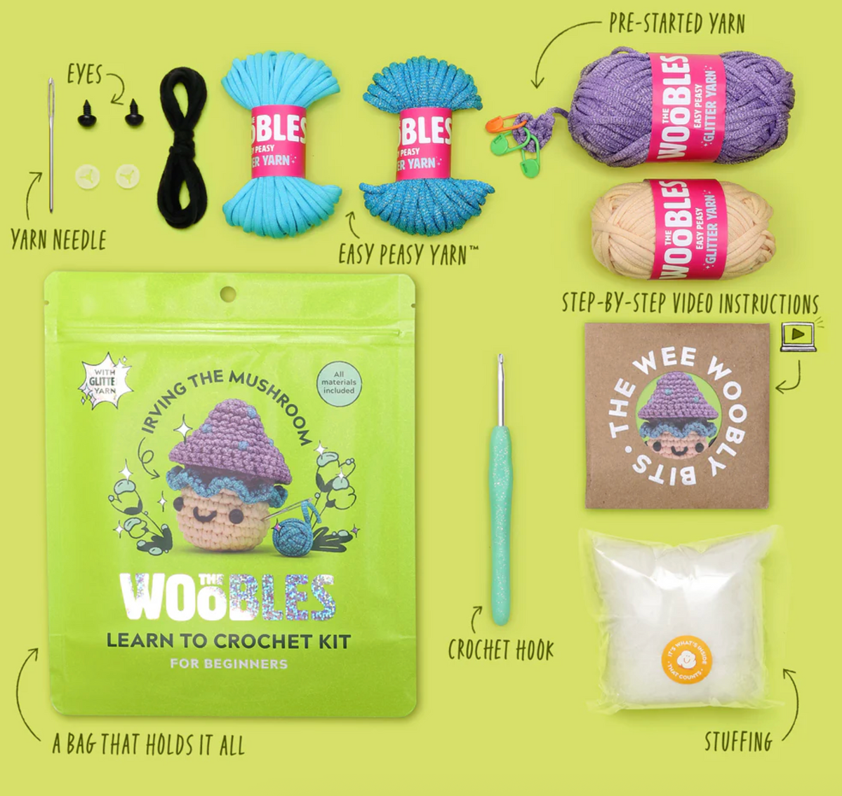 The Woobles Crochet Kit | Irving the Mushroom with yarn crochet hook stuffing and step by step instructions