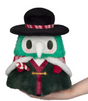 Soft plush figure with green fur, white beak mask, black wide-brimmed hat, festive cape, and striped candy cane accessory