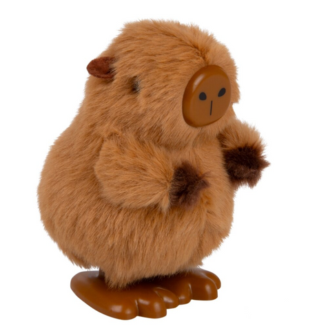 Small fluffy figurine with brown fur, rounded body, simple face, and large flat feet resembling a bird or creature