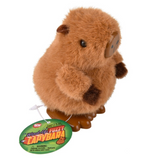 Fluffy brown wind-up toy with round body, small ears, dark paws, and large flat feet resembling a capybara