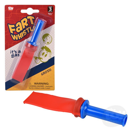 Plastic toy whistle with blue mouthpiece and red inflatable bladder in novelty packaging on white background