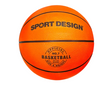 Bright orange basketball with black text and lines on textured surface against white background