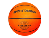 Bright orange basketball with black text and lines on textured surface against white background