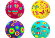 Set of four colorful rubber balls with various playful patterns including hearts, butterflies, circles, and tropical fish designs
