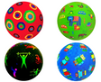 Four colorful balls featuring abstract circles, animals on green, neon sports icons on black, and robots on blue background