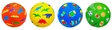 Four colorful balls with patterns of vehicles, dinosaurs, city blocks, and sports equipment on a white background