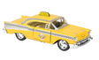Yellow vintage-style toy taxi car with black and white checkered stripe and rooftop taxi sign on white background