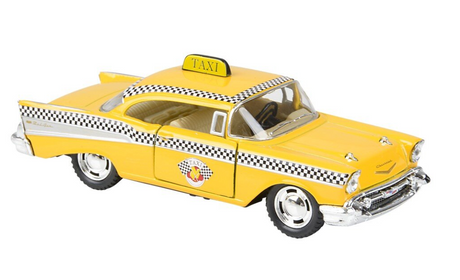 Yellow vintage-style toy taxi car with black and white checkered stripe and rooftop taxi sign on white background