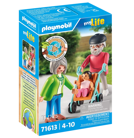 Playmobil family set with elderly man pushing stroller holding child and woman with gray hair outdoors