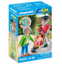 Playmobil family set with elderly man pushing stroller holding child and woman with gray hair outdoors