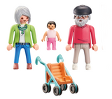 Three toy figures depicting elderly woman, small child, elderly man with gray beard and black hat, and a turquoise stroller