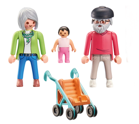 Three toy figures depicting elderly woman, small child, elderly man with gray beard and black hat, and a turquoise stroller