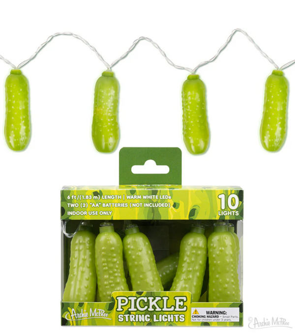 Pickle String Lights with green pickle shaped bulbs and ten lights in retail packaging