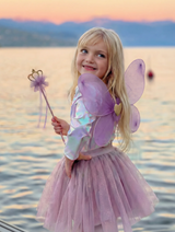 Royal Fairy Princess Skirt Set | Purple worn by a child with fairy wings beside the water