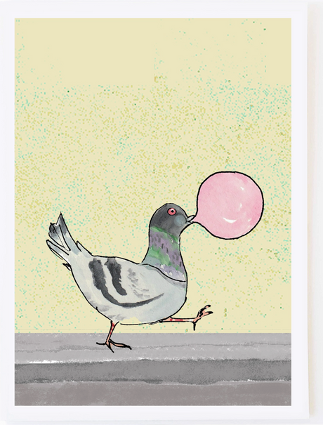 Bubblegum Pigeon Card featuring an illustrated pigeon blowing a pink bubble while walking