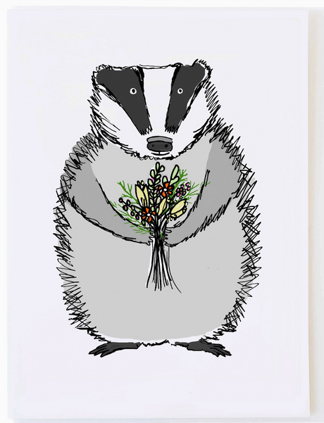 Badger Flowers Birthday Card featuring an illustrated badger holding a colorful bouquet of flowers